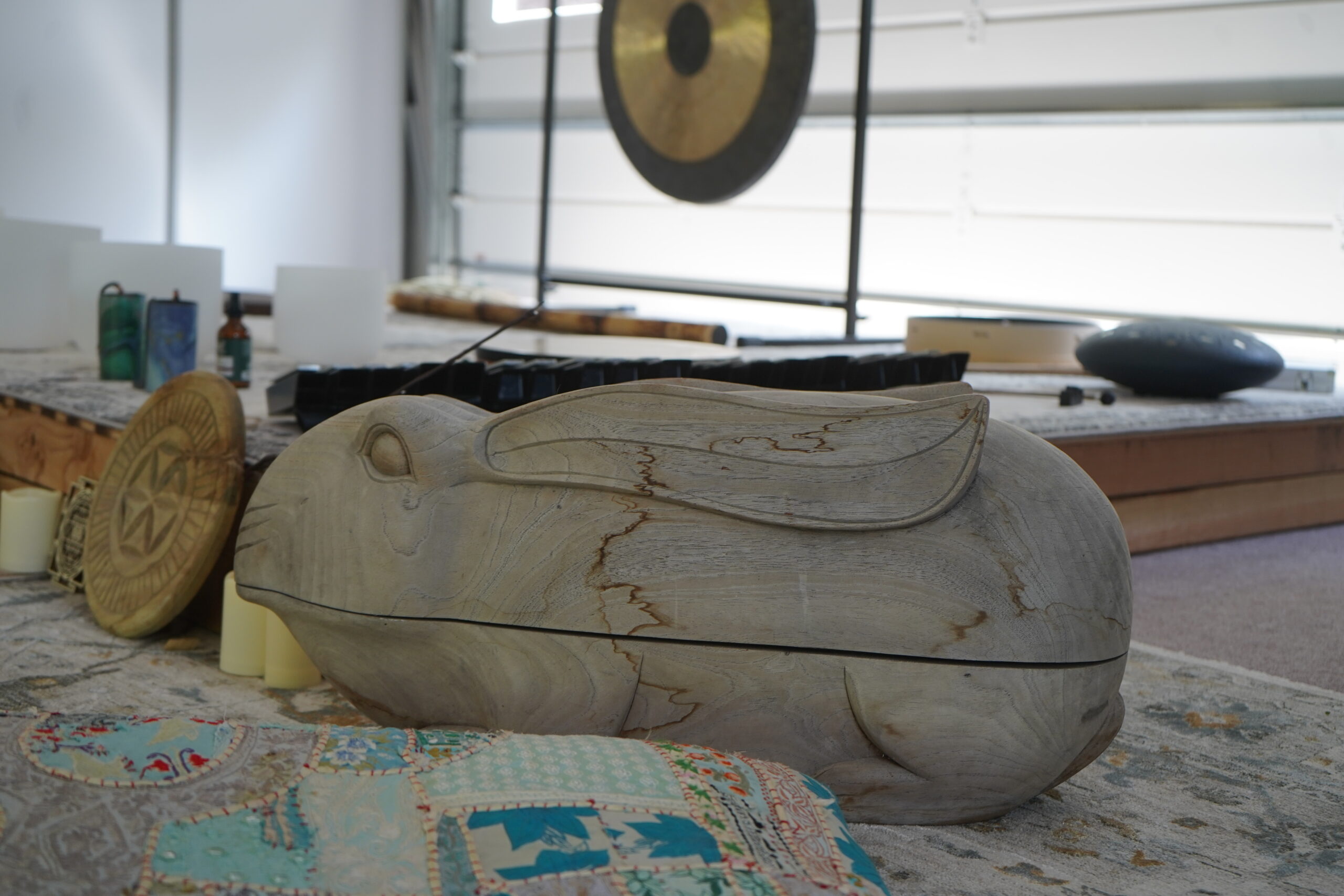 Wood rabbit decor at highlands in bloom group room for mental health facility